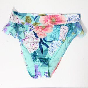 Women High Leg Bikini Bottom NEW Floral print Ruffles wide waistband Medium